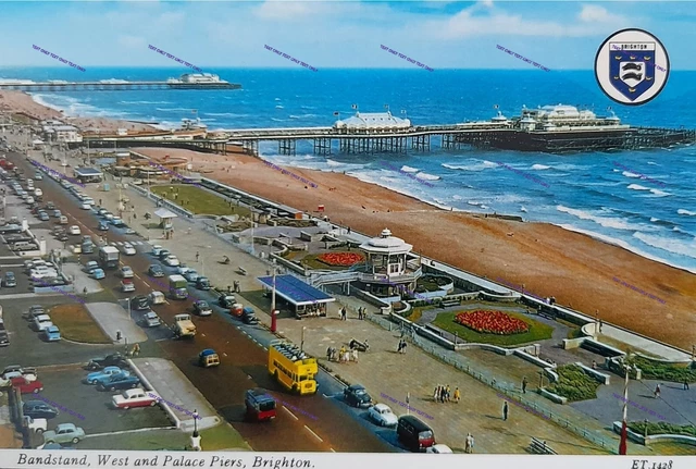 Vintage Postcard, Bandstand, West and Palace Piers, Brighton , East Sussex