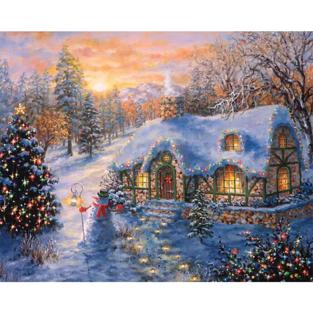 Pintura al óleo sin marco por números casa de Navidad hágalo usted mismo imagen de lona (X755)