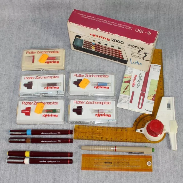 ROTRING Technical Drawing Ink Pens Nibs Stencils Rulers Vintage German Mixed Lot