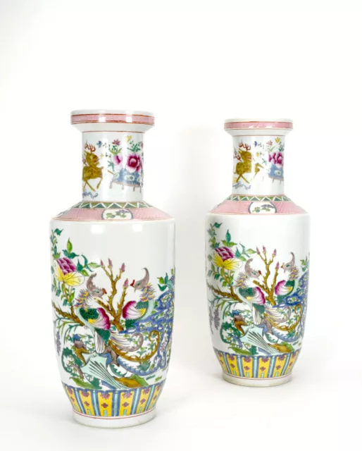 Pair / Chinese Qing Kangxi MK Famille Verte Wucai Phoenix Rouleau Porcelain Vase