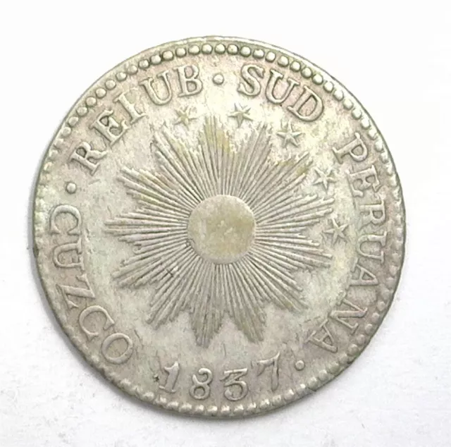 South Peru 1837 Cuzco Silver 2 Reales Km-169.1 Very Fine