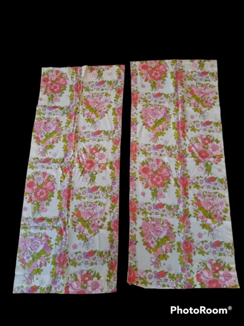 60’s VTG Linen Curtain Panels & Rod Pocket Floral Flower Pink, Green Purple Mod