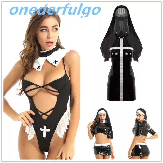 Adult Women Sexy Nun Costume Halloween Party Cosplay Outfits Bodycon Dress Club