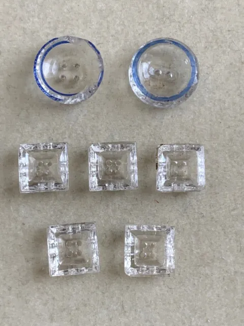 Menge Von 7 Französisch Antik Sauber Facettierter Glas Knöpfe - Rund,Quadratisch
