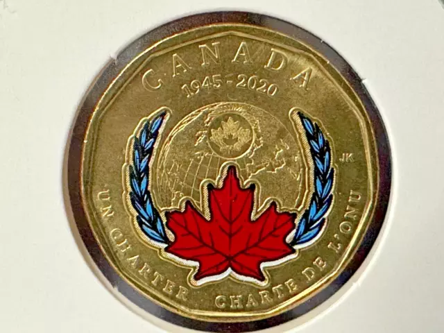 Canada $1 Dollar 75th Anniv UN Charter Coloured Circulated Canadian Loonie- 2020