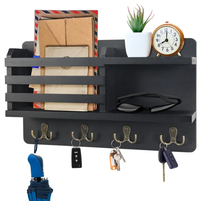 Black Key Holder with Mail Organizer, Wall Mount with 4 Double Hooks