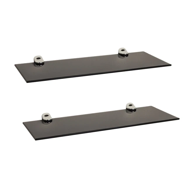 Danya B Set of 2 Black Smoke Glass Floating Shelves with Chrome Brackets 16 x 6