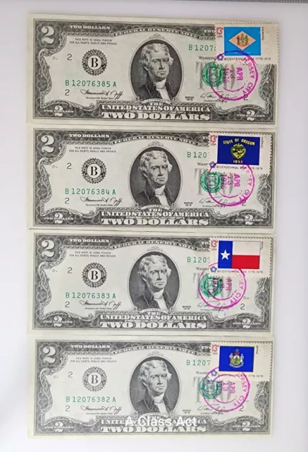 4 US 2 Dollar Bill 1976 (B) Consecutive Notes USPS Stamps, Canceled T8103