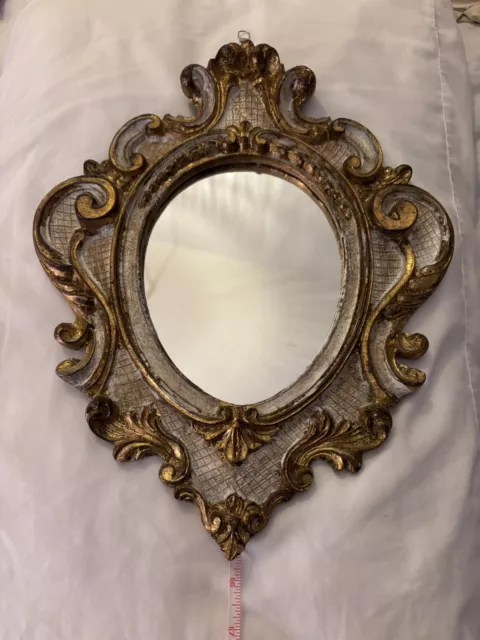 Vtg Giltwood Oval Mirror Italian Frame  15 X 10 Hollywood Regency White Gold EUC