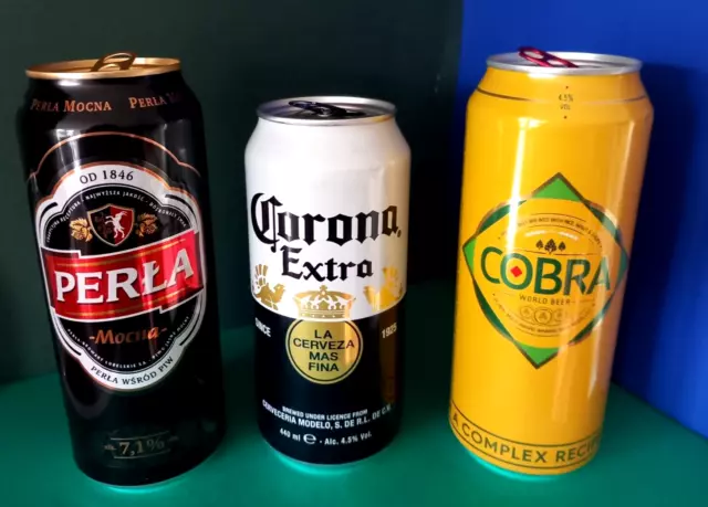 x 3 EMPTY 440/500ml BEER CANS POLAND PERLA, BELGIUM CORONA EXTRA, COBRA ENGLAND