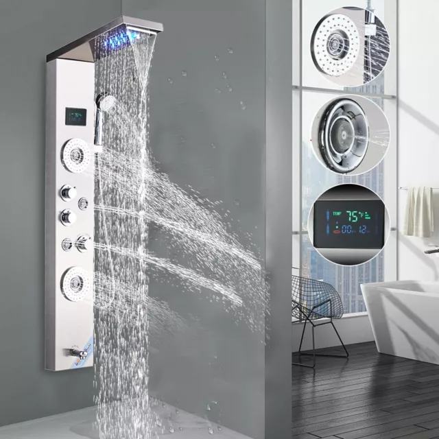 Stainless Steel 6 Functions Shower Panel Tower LED Rainfall Massage System Jets