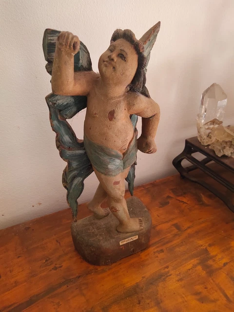 ANTIQUE POLYCHROME WOODEN CUPID-ANGEL, 19th Century