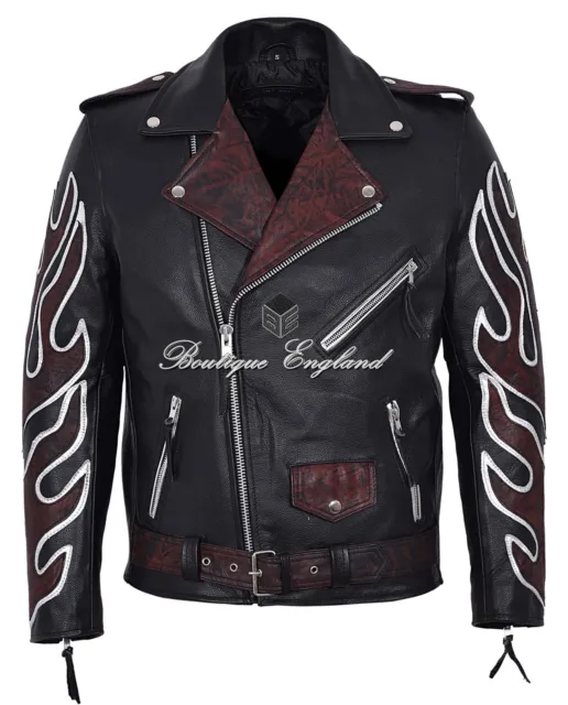 Classic BRANDO Black OXRED Flame Men's Biker Hide Real Leather Jacket MBF