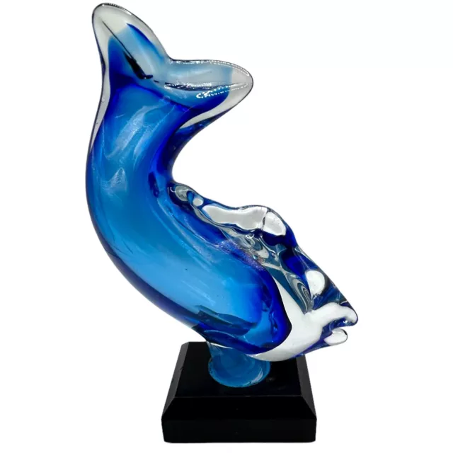 Vintage Art Glass Fish Blue with Wood Base Figurine Paperweight Signed 1985