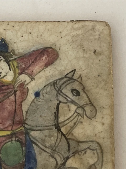 Antique Persian Glazed Tile Mounted Archer Hunting 7”x7” 3