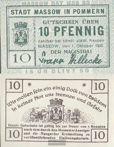 Massow Notgeld: 10 Pf Notgeldschein der Stadt Massow bankfrisch 1920 10 Pfennig