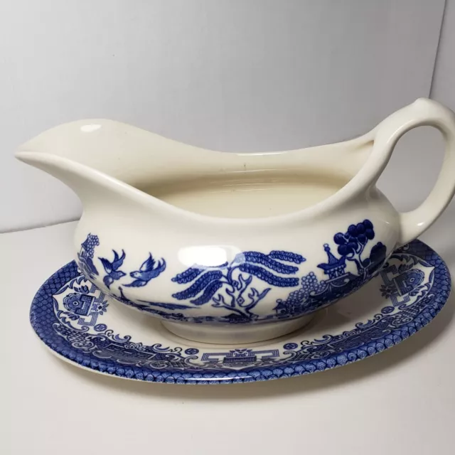 Vintage Old Willow English Ironstone Tableware Gravy Boat with Underplate
