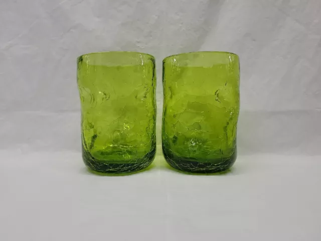 Vintage Blenko Dimpled Crackle Hand Blown Glasses 2 Green Glass 4.5 Inch # 4118