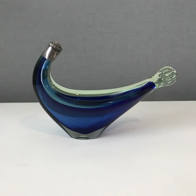 Blue And Green Sommerso Art Glass Bowl / Dish With Metal Cap