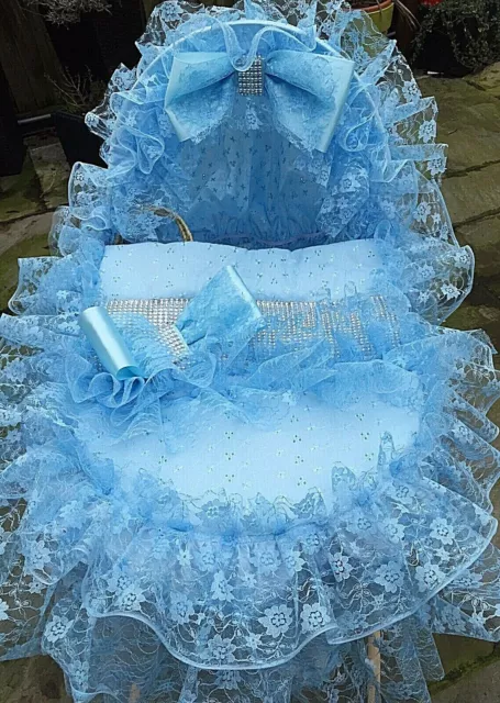 Blue Frilly Bling Lacey Baby Moses Basket Covers  Boy - Romany💙💙