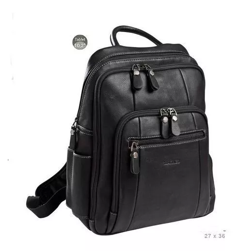 mochila negra para portatil 10" con cremalleras  y bolsillos exteriores polipiel