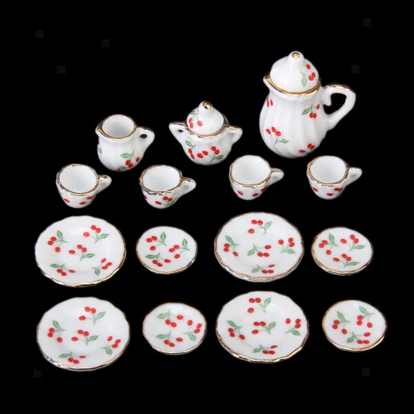 15pcs Puppenhaus Miniatur Restaurants Ware Porzellan Teeservice Teller Tasse