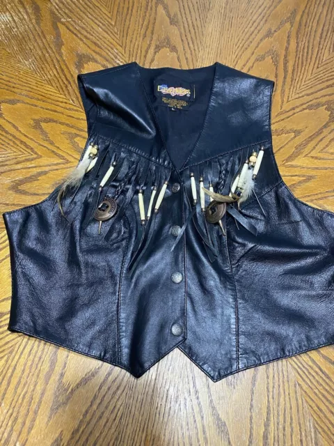 Vintage Easyriders Womens Genuine Leather Black Button Up Motorcycle Vest Large 2