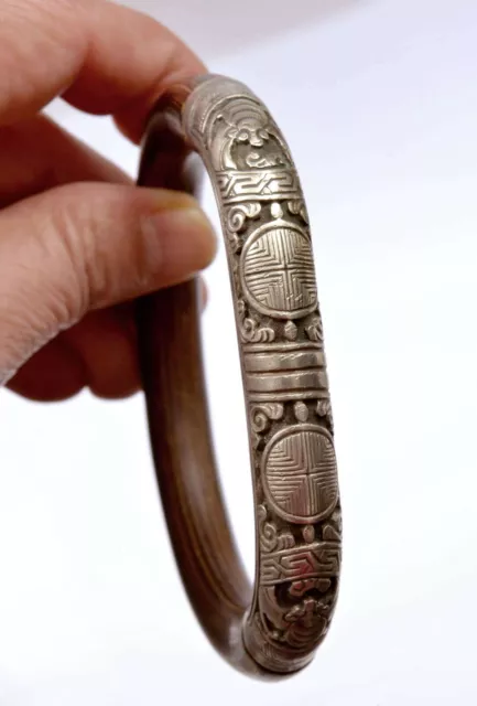 1900's Chinese Solid Silver Bat Rattan Wood Carved Bracelet Bangle