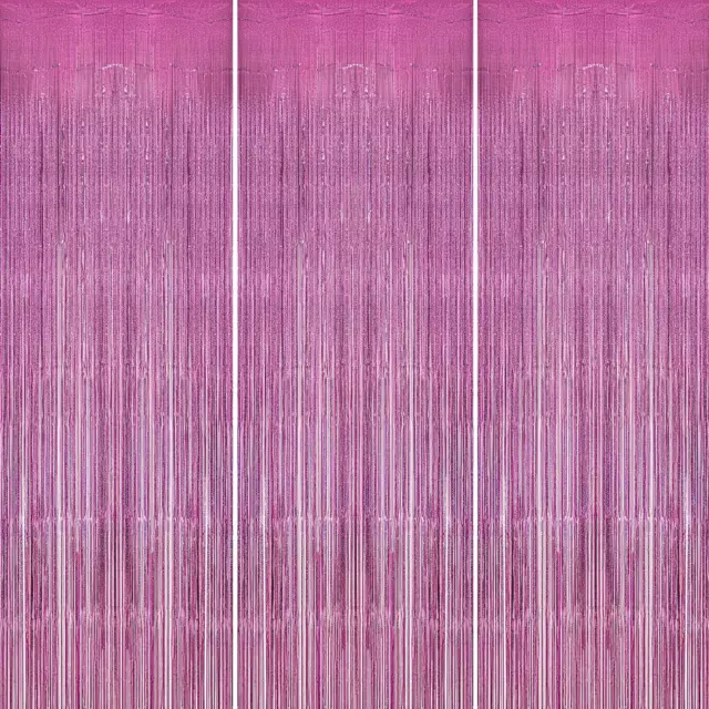 Backdrop for Party Decorations, 3 Pack Pink Foil Fringe Curtains Party Decor 8.2