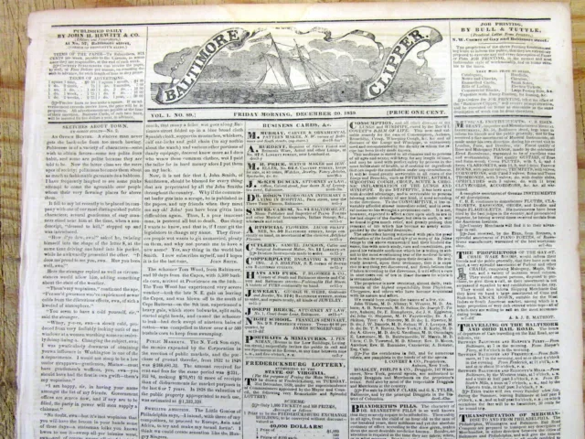 Rare 1839 Baltimore newspaper MARYLAND with engraving of a clipper sailing ship