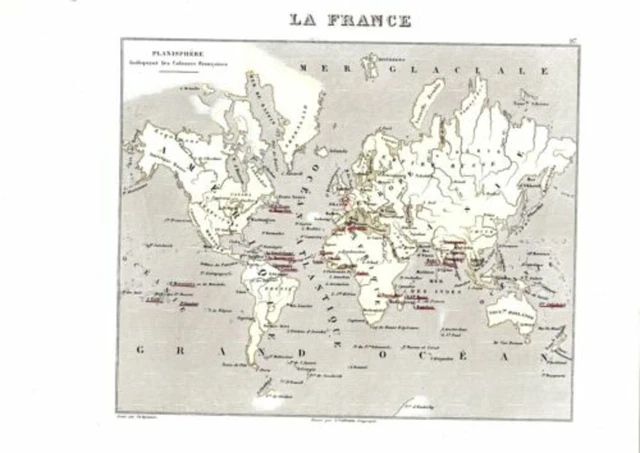 19th ENGRAVING MIGEON LA FRANCE PLANISPHERE ATLAS WITH FRENCH COLONIES