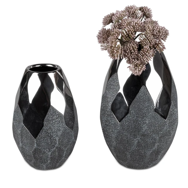 2er Set Decorazione Vasi Antracite Cono Rotondo 17+21cm Grigio Argento Ceramica