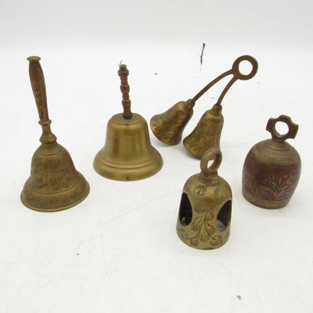 Vintage Engraved Solid Brass Made In India Bell Set Lot of 5 Ornate Antique 60