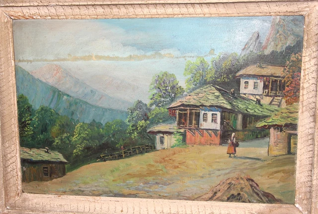 Antique realist oil painting old village road landscape