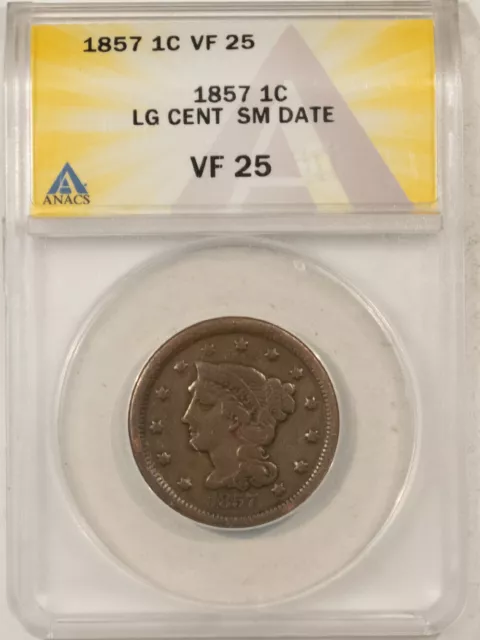 1857 Coronet Head Large Cent, Small Date - Anacs Vf-25