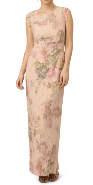 New ADRIANAA PAPELL FLORAL METALLIC STRETCH MATELASSE LONG  GOWN , PINK Multi, 8