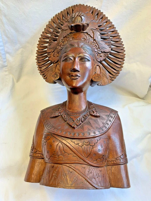 Stunning! Carved Wood Bali Indonesian Carved Wood Bust Woman Sculpture Decor