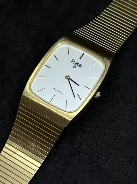 Vintage 1980 PULSAR Seiko Men’s 36mm Quartz Watch Ultra Slim 5mm Gold White Dial