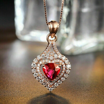1.00 Ct Heart Cut Ruby 14k Rose Gold Finish Double Halo Women's Pendant Necklace