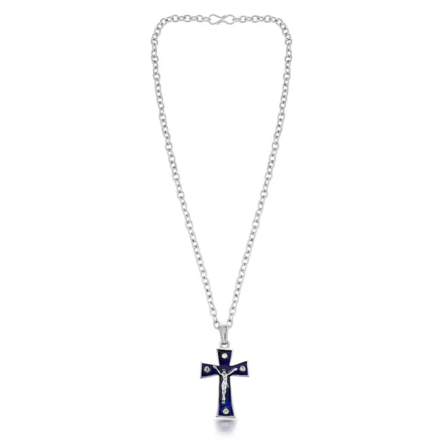 Stylé Chrétien Plaqué Argent Jésus Crucifix Croix Bleu Pendentif pour Unisexe