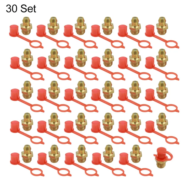 M8 Brass Thread Straight Grease Nipple Fittings with Red Dust Cap for Car 30 Set