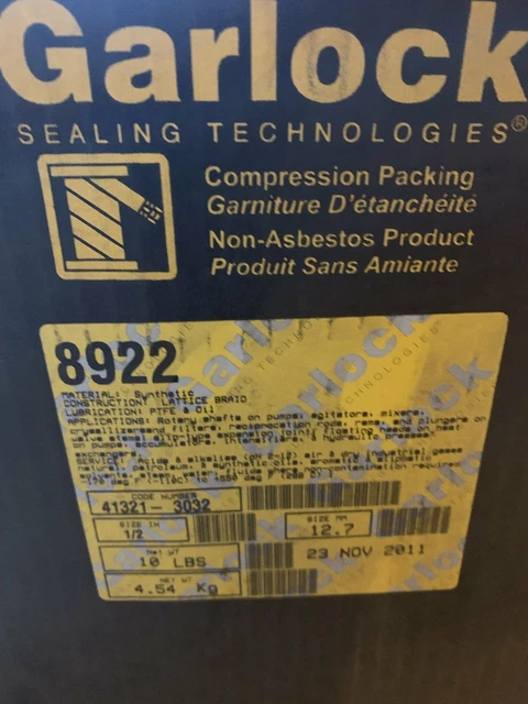 Garlock 8922 PACKING, SYNTHEPAK 1/2" 10#