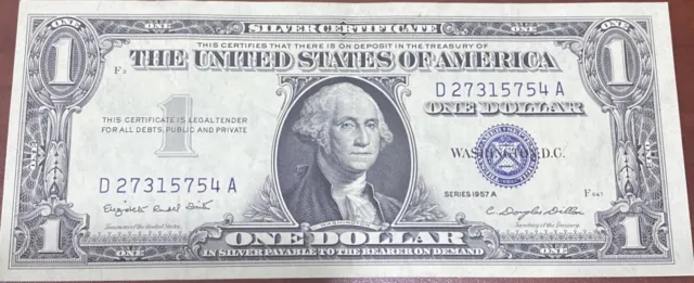Crisp United States Silver Certificate $1 Bill 1957A Series Extra Fine Condition