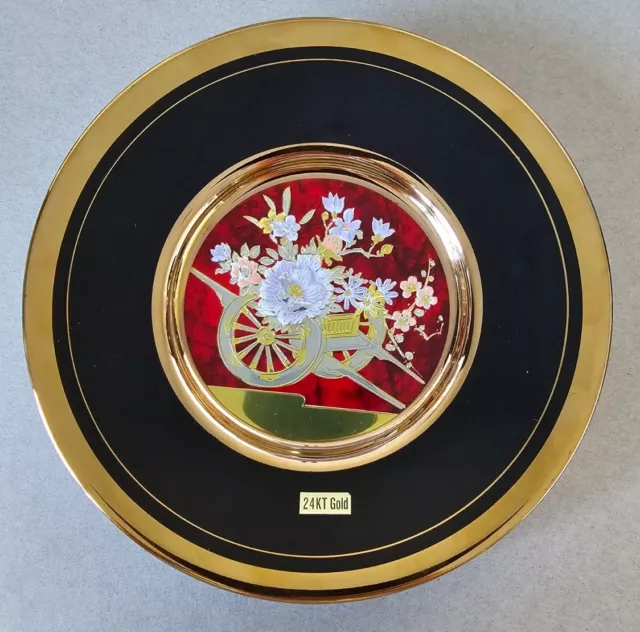 ART OF CHOKIN Black Plate Decorative Floral Cart 24Kt Gold Accents & Trim Japan