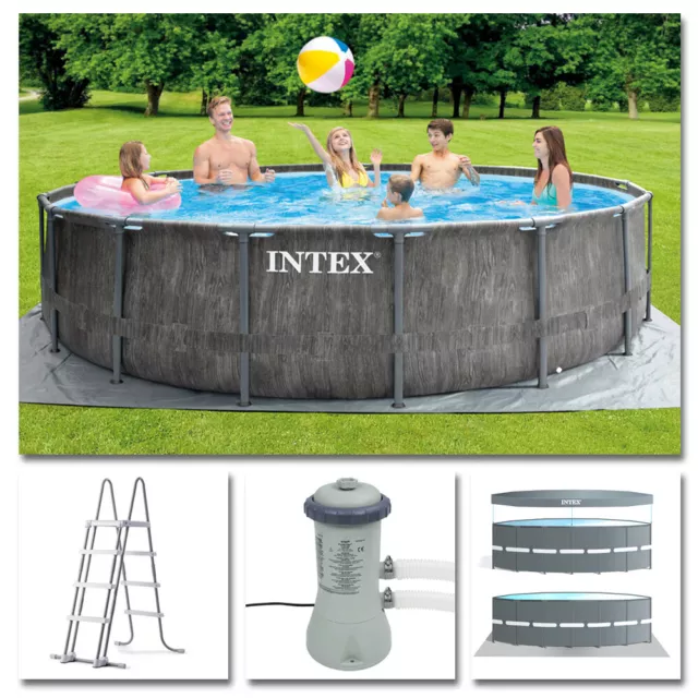 INTEX Komplettset Prism Frame Pool Greywood Ø 457x122cm Filterpumpe Swimmingpool