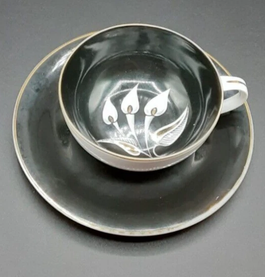 Vintage Ucagco China Tea Cup and Saucer from Occupied Japan Black White Gold