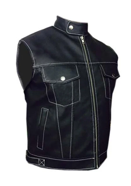 Uomo Biker Style Gilet Vero pelle di Mucca Nero Moto