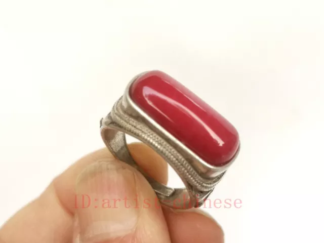 Collection Chinese Tibet Silver Handmade Inlay Jade Ring Superb Ornament Gift