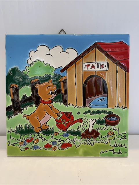 Vintage Ceramic Tile Hand Made By Nassos Rodos Made In Greece H&R Johnson Dog