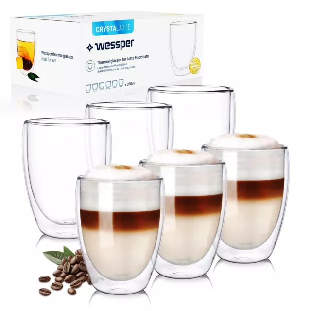 6x Wessper 350 ml Tazza Caffè Cappuccino In Vetro Tè Bevanda Calda doppio vetro